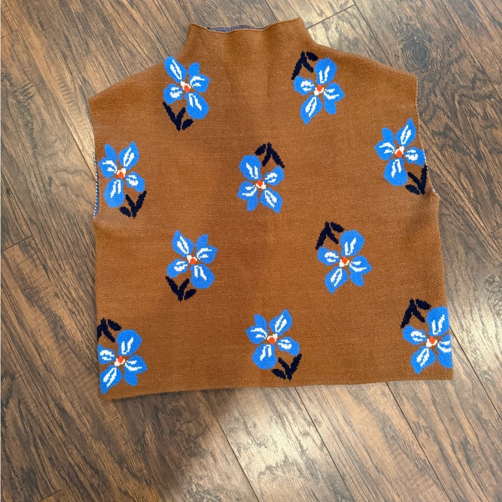THML Knit Cowl Neck Chestnut Sleeveless Sweater With Blue Florals Size Large - Picture 4 of 10
